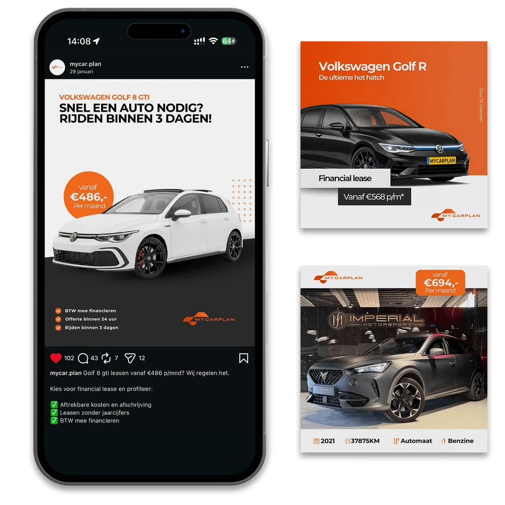 Branding-creatives voor My Carplan: een social-post en advertenties in een consistente huisstijl