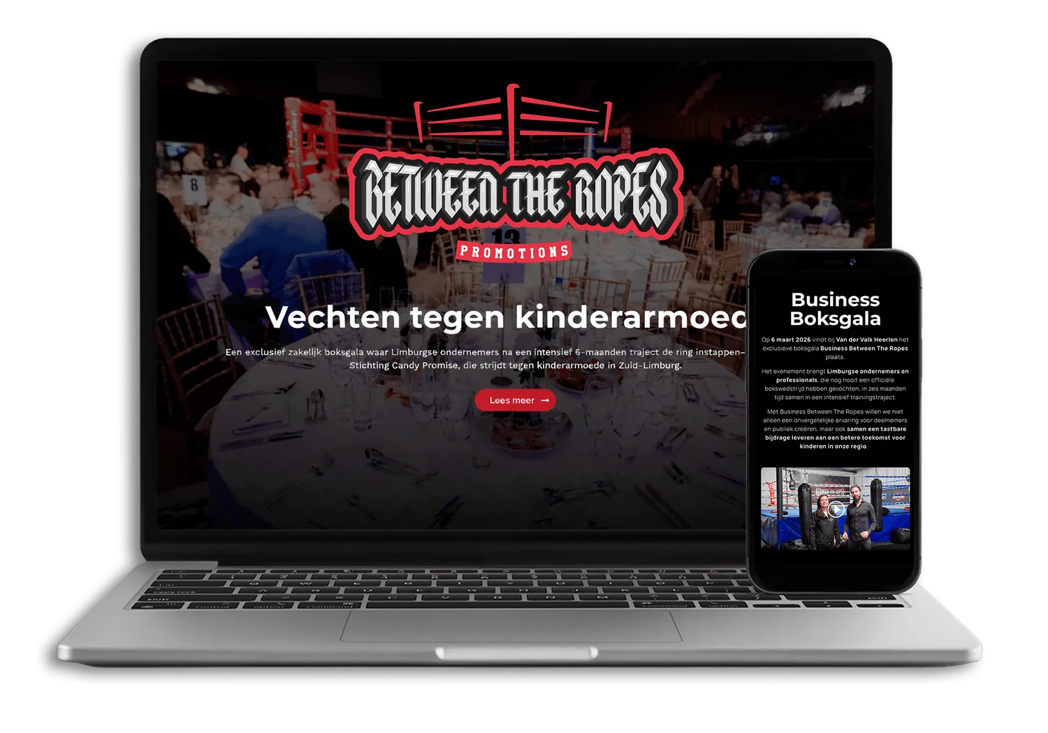 Between The Ropes — eventwebsite met donatiemodule op laptop en telefoon