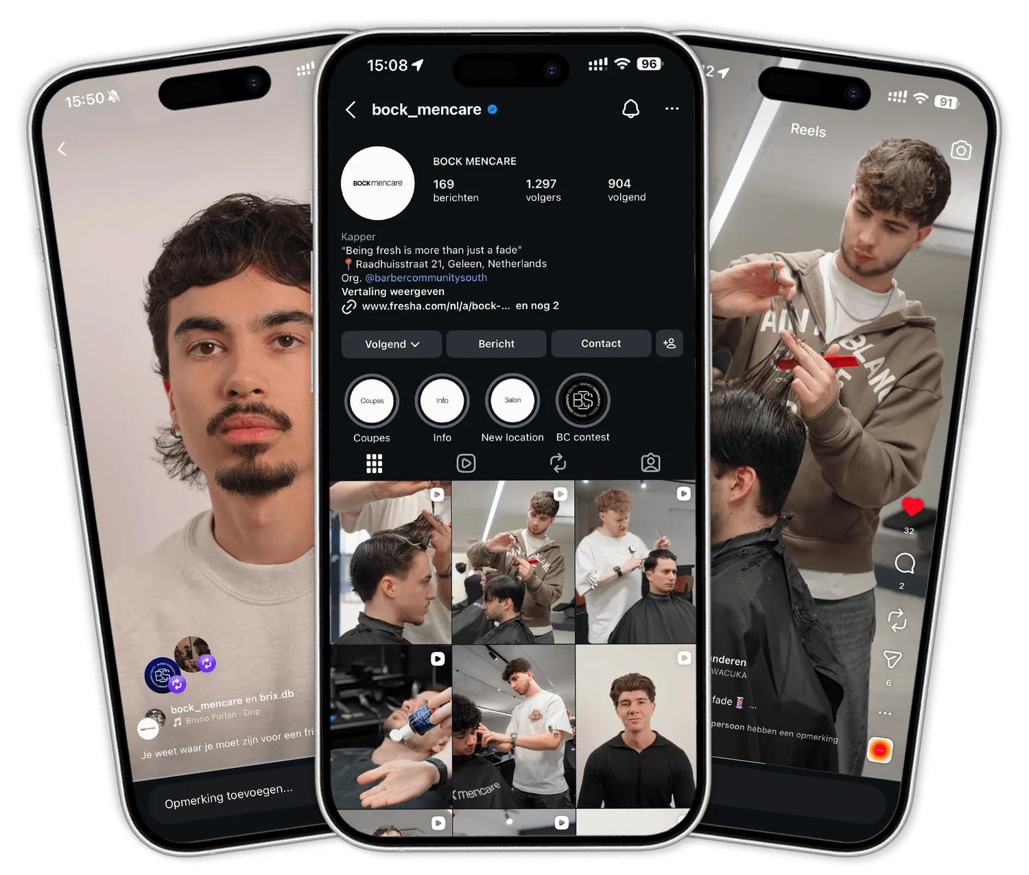 Bock Mencare op social media: Instagram-profiel met reels en short-form content op drie telefoons