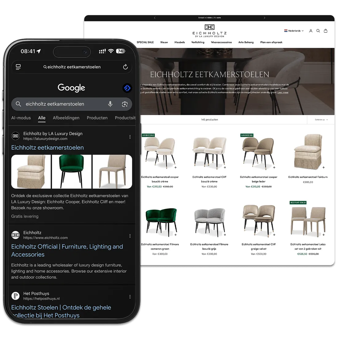 Google-zoekresultaat: Eichholtz by LA Luxury Design bovenaan voor ‘eichholtz eetkamerstoelen’, naast de webshop-collectiepagina