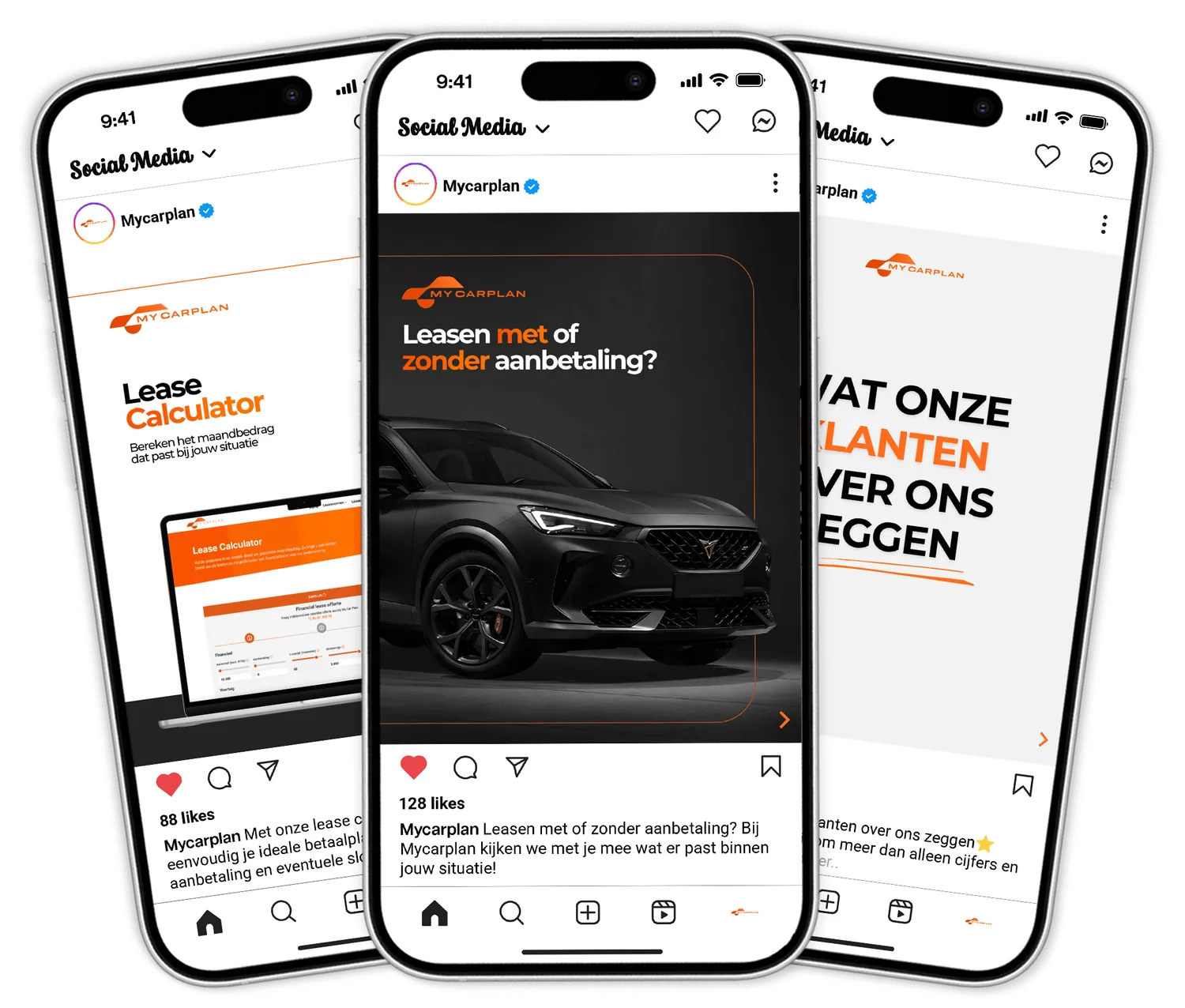 My Carplan — consistente Instagram-huisstijl: lease-calculator, aanbetaling-post en klantreviews