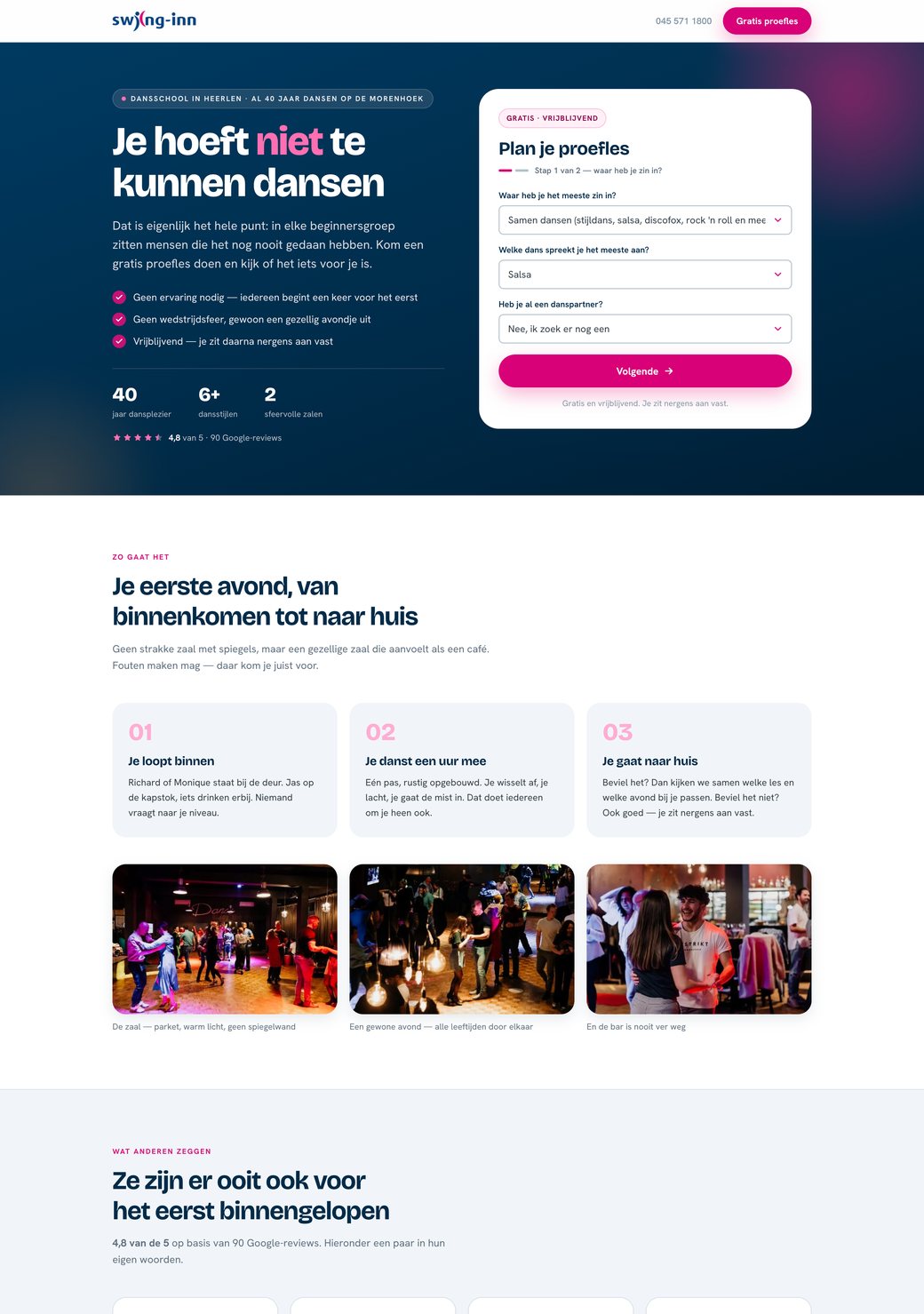 De nieuwe proefles-pagina: links de kop “Je hoeft niet te kunnen dansen”, rechts meteen het formulier met drie uitklaplijsten en één knop.