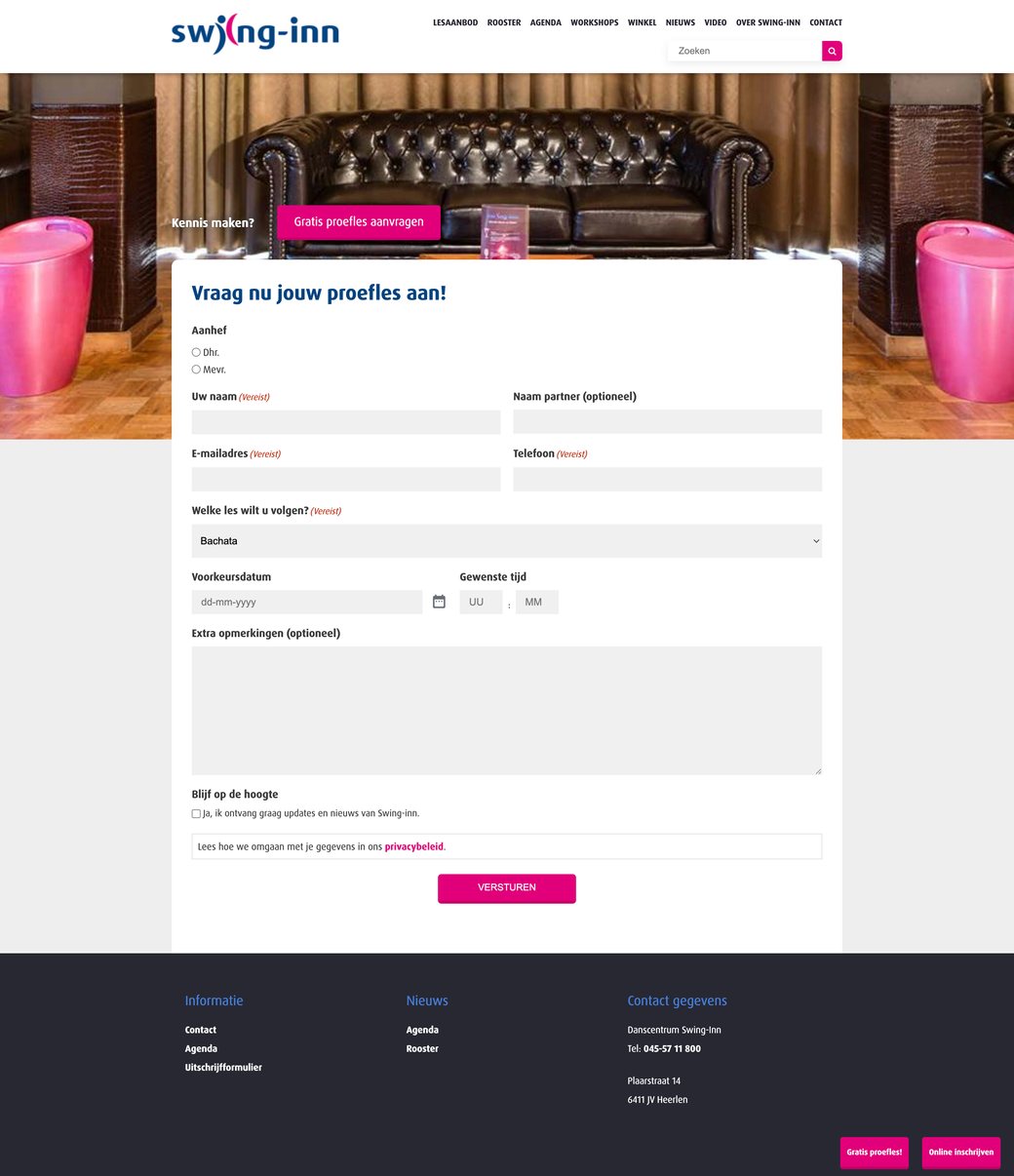 De proefles-pagina op de eigen site van Swing Inn: menu, een sfeerfoto en daaronder een formulier met aanhef, naam, naam partner, e-mail, telefoon, een uitklaplijst met lessen, een voorkeursdatum, een gewenste tijd en een opmerkingenveld.