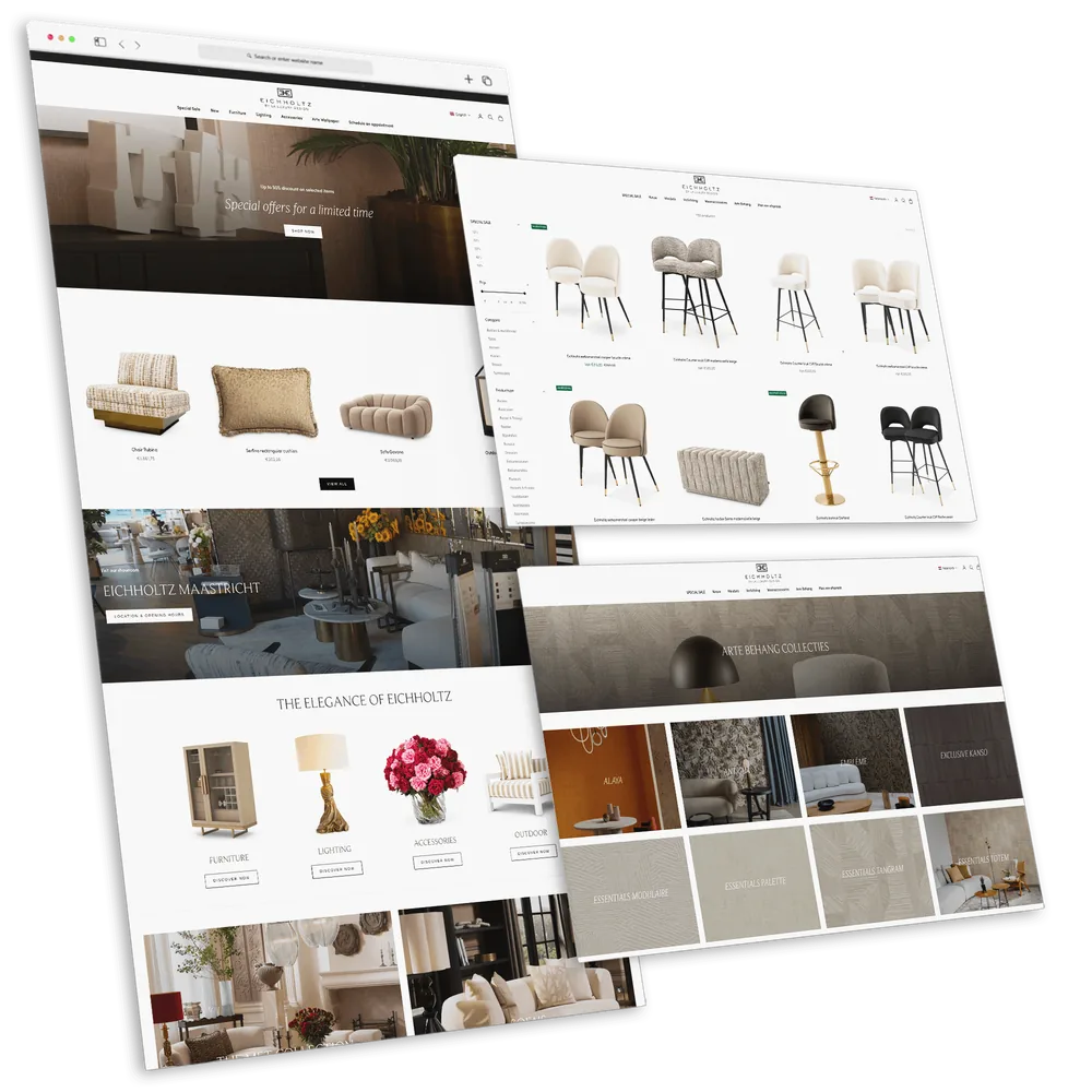 Website-mockup: de Eichholtz by LA Luxury Design webshop op meerdere schermen — homepage, collectie en categoriepagina